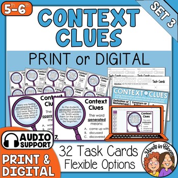 Preview of Context Clues Task Cards and Anchor Chart - with Easel & Google & Audio 5th-6th