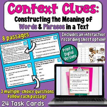 Preview of Context Clues Task Cards: Decipher Meaning of Words & Phrases in a Text 4th 5th