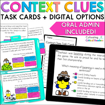 Preview of Context Clues Task Cards - Print & Digital Game Options with Audio Support