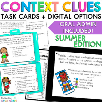 Preview of Context Clues Task Cards - Print & Digital w/ Audio - Summer Activity Edition