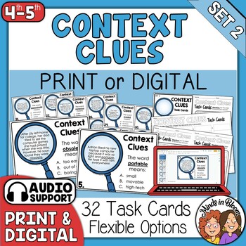 Preview of Context Clues Task Cards Set 2 - Anchor Chart Print & Digital with Audio Support