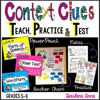 Preview of Context Clues PowerPoint, Notes, Practice Worksheets, & Test