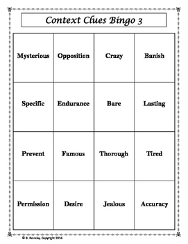 SYNONYM CONTEXT CLUE BINGO Card