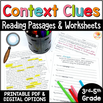 Preview of Context Clues Passages Reading Worksheets Anchor Charts Vocabulary Activities