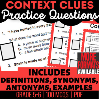 Preview of Context Clues Worksheets Definitions Synonyms Antonyms Examples Multiple Choice