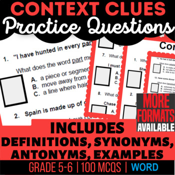 Preview of Context Clues Worksheets: Definitions, Synonyms, Antonyms, Examples (Word)