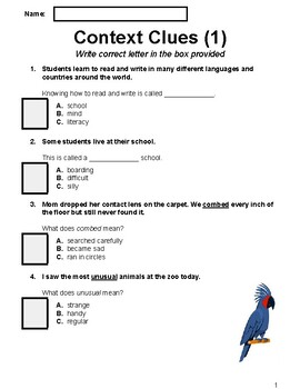 Context Clues Worksheets Multiple Choice Worksheet 1 (Grade 3-4)