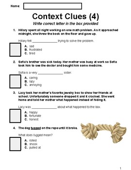Preview of Context Clues Worksheets Multiple Choice Worksheet 4 (Grade 3-4)