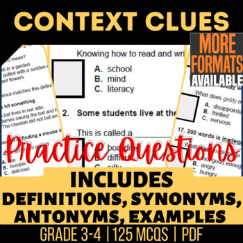 Preview of Context Clues Worksheets | Synonyms Antonyms Definitions | 3rd-4th Grade