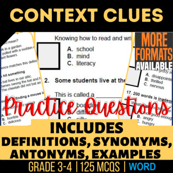 Preview of Context Clues Worksheets Synonyms and Antonyms, Definitions, Examples (Word)