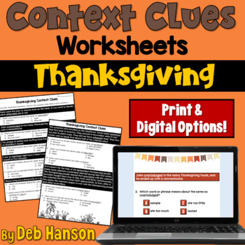 Preview of Context Clues Worksheets for Thanksgiving in Print and Digital Easel