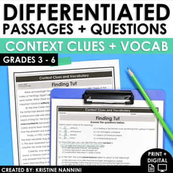 Preview of Context Clues and Vocabulary Differentiated Reading Comprehension Passages