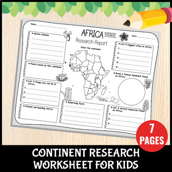 Preview of Continent Research Worksheet For Kids | Project History Report For 7 Continents