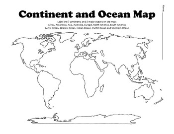 Preview of Continent and Ocean Map Worksheet Blank