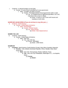 Preview of Continent, country, city, state notes for Social Studies