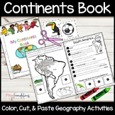 Continents Book- Map Activities- Color, Cut, and Paste- 7 