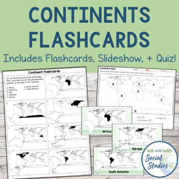 Preview of Continents Flashcards with Slideshow + Quiz | 7 Continents Printables Worksheets