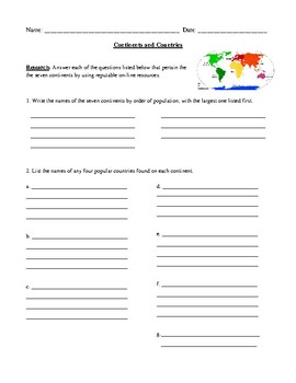 Preview of Continents: Worksheet, Test, or Homework Assignment with Detailed Answer Key