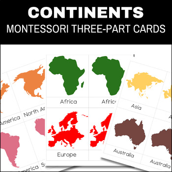 Preview of Continents Montessori 3 Part Cards, 7 Continents Printables, Montessori