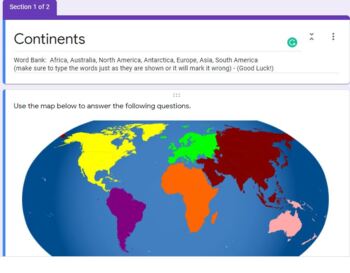 Preview of Continents/Ocean Quiz on Google Forms