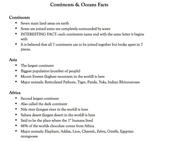 Preview of Continents & Oceans Facts