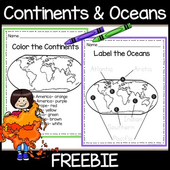 Preview of Continents & Oceans Free Worksheets- Color the 7 Continents- Trace the 5 Oceans