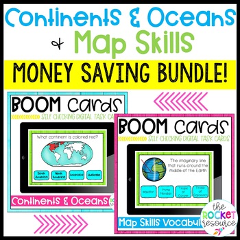 Preview of Continents, Oceans, & 2nd grade Map Skills BOOM™ Cards BUNDLE!