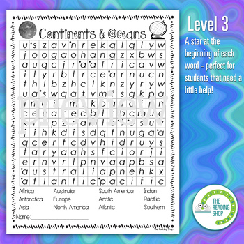 Continents & Oceans Word Search Puzzle - 3 Levels Differentiated