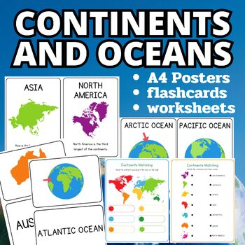 Preview of Continents, Oceans of the world flashcards and worksheets