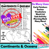 Continents and Oceans Activity: Continents and Oceans Word Search