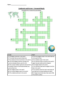 Preview of Continents and Oceans - Crossword Puzzle Worksheet Activity (Printable)