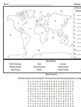 Preview of Continents and Oceans Fill in the Blank and Word Search