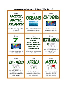 Preview of Continents and Oceans I Have... Who Has..?