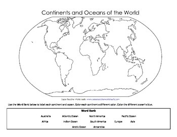 Continents and Oceans Map Labeling PDF Format by Cody Thomas | TPT