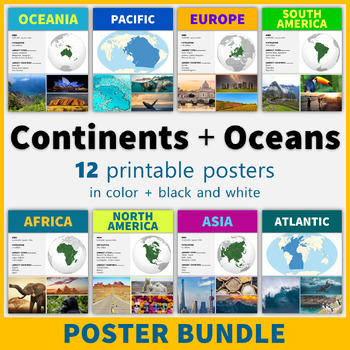 Preview of Continents and Oceans Posters Social Studies Geography and Map Classroom Decor