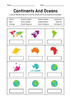 Continents and Oceans Vocabulary Worksheet by Creative Verse Education