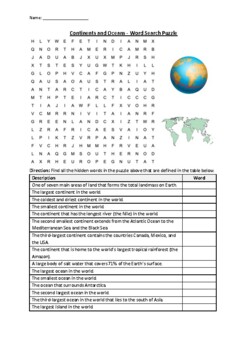 Preview of Continents and Oceans - Word Search Puzzle Worksheet Activity (Printable)