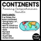 Continents of the World Reading Comprehension Worksheet Bundle