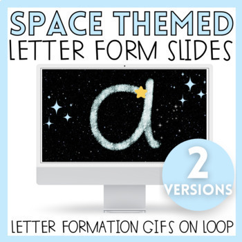 Preview of Continuous Animated Letter Formation Slides | Handwriting Practice | Space Theme