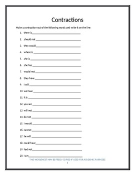 Preview of Contraction Activity Sheet