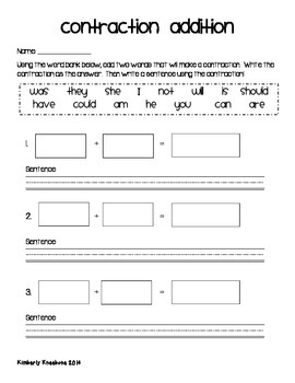 Preview of Freebie: Contractions Addition Activity Worksheet