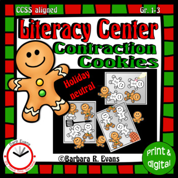 Preview of CONTRACTIONS LITERACY CENTER Gingerbread Cookie Theme Grammar Activity Word Work