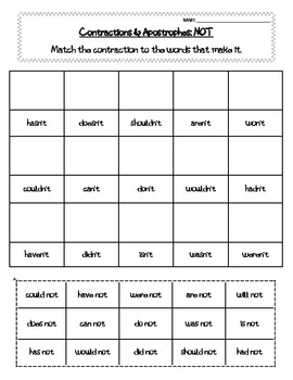 Contraction NOT worksheets by Vanessa Crown | Teachers Pay Teachers