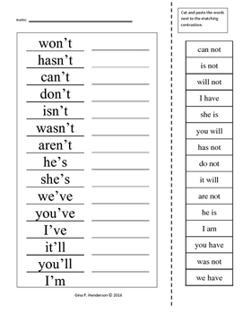 Preview of Contraction Words Cut and Match