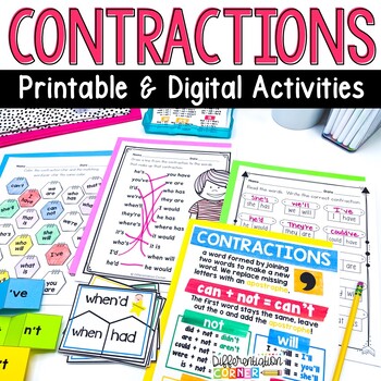Preview of Contractions Worksheets Anchor Chart Activities Digital & Printable ELA Practice
