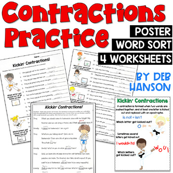 Preview of Contractions Practice: Worksheets and Word Sort with a Poster 2nd & 3rd Grade