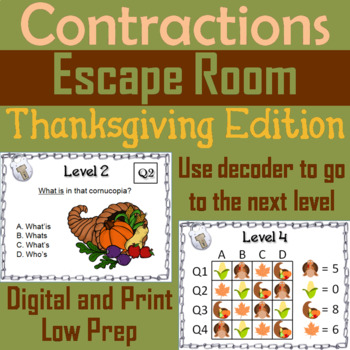 Preview of Contractions Activity: Thanksgiving Escape Room ELA