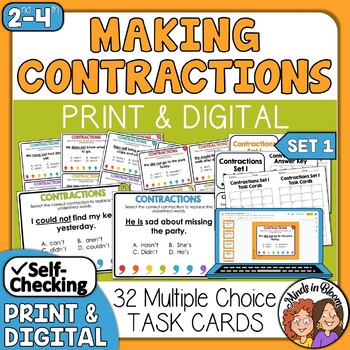 Preview of Contractions Task Cards - Set 1 - Print & Self-Checking Digital