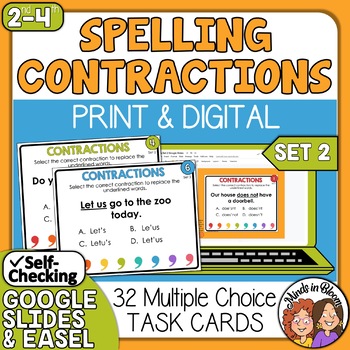 Preview of Contractions Task Cards Focused on Spelling - Print & Self-Checking Digital