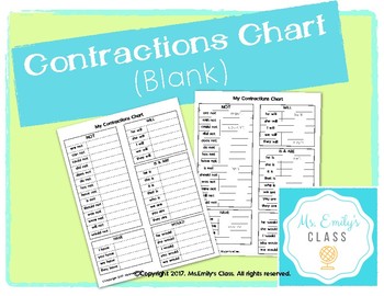 Preview of Contractions Chart/Grid/Worksheet/Quiz (Blank) - FREEBIE!